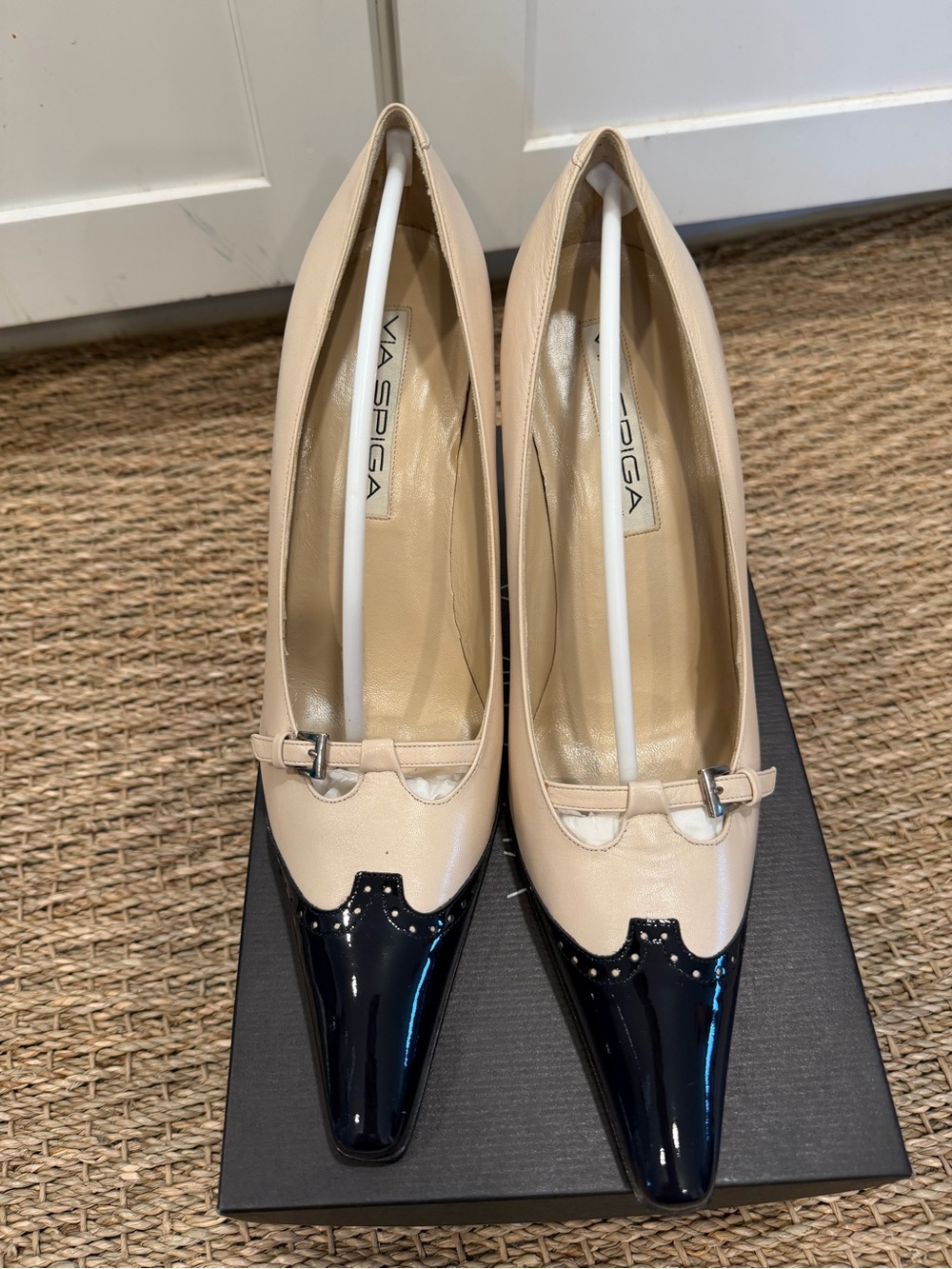 Via Spiga Two-Tone Pointed Pump in Beige and Black Patent